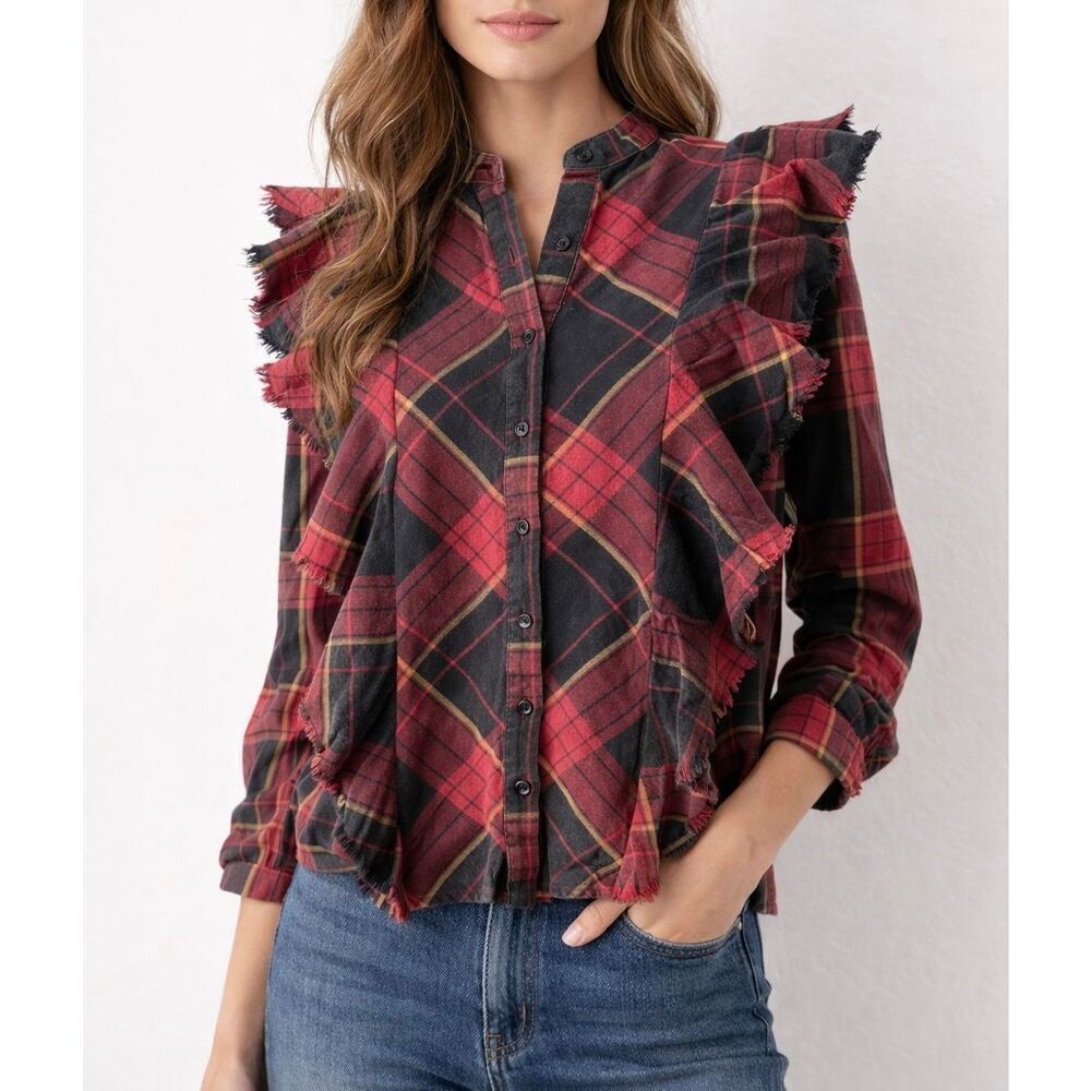Maison Cinqcent Top Plaid Ruffle Button Down  Red Black‎ Size XS
